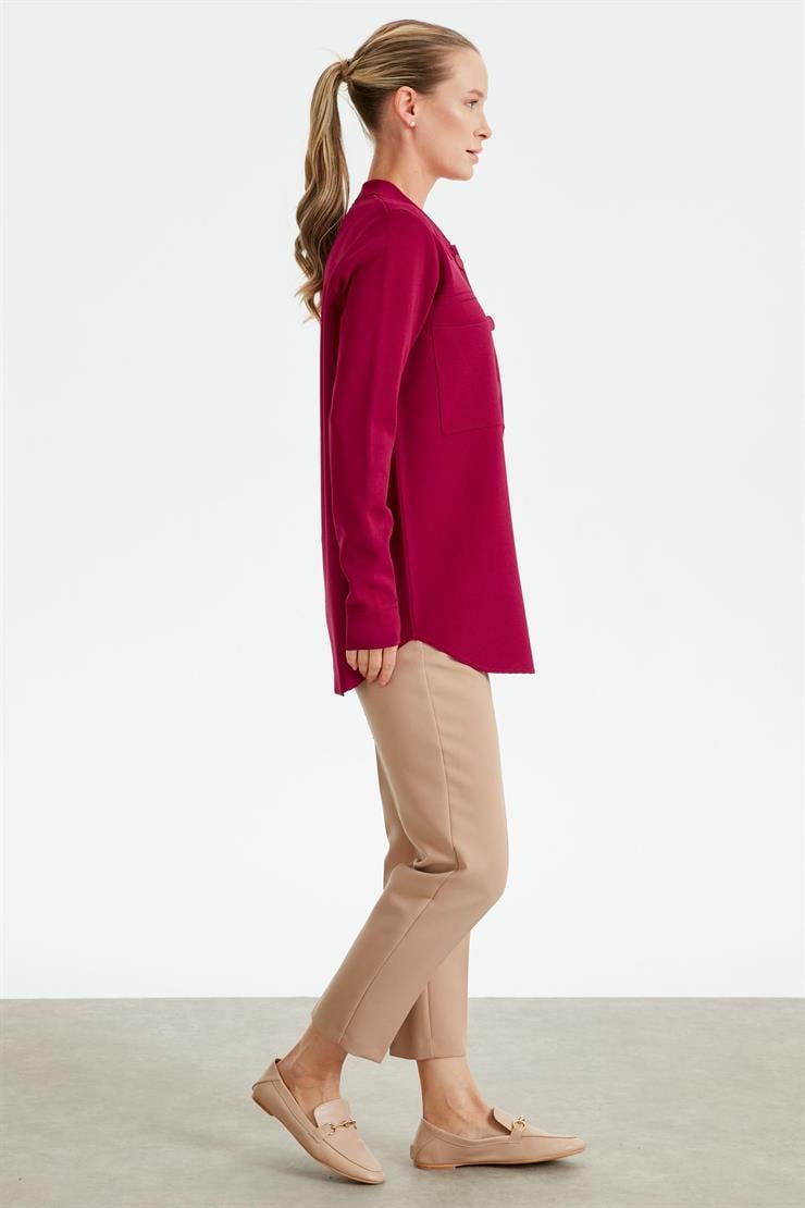 Cep Detaylı Polo Yakalı Rayon Triko Hırka FUŞYA