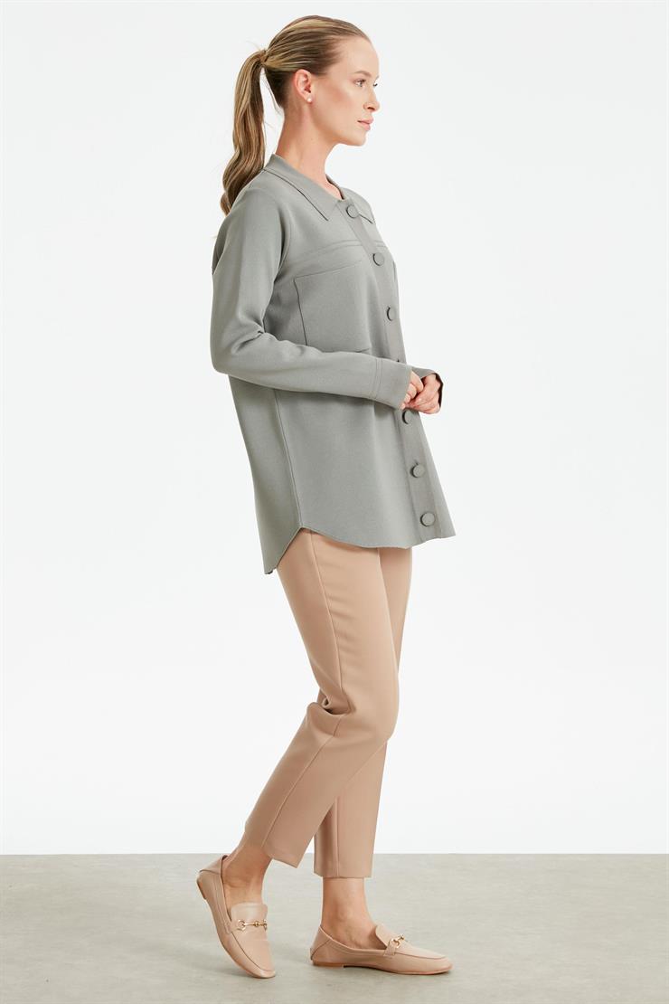 Cep Detaylı Polo Yakalı Rayon Triko Hırka GRİ