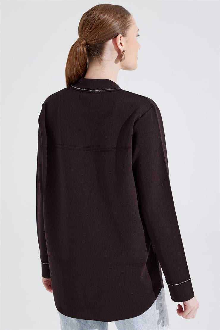 Cep Detaylı Polo Yakalı Rayon Triko Hırka KAHVE