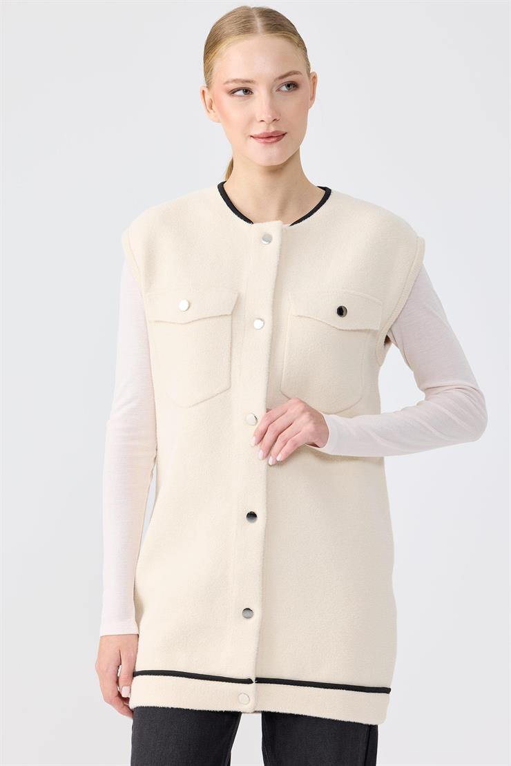 Cep Detaylı Triko Yelek BEJ