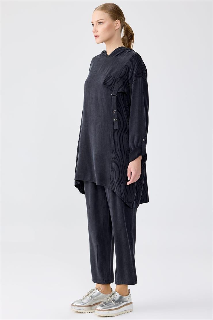 Cep Kapağı Detaylı Kapüşonlu Tunik Pantolon Takım SİYAH
