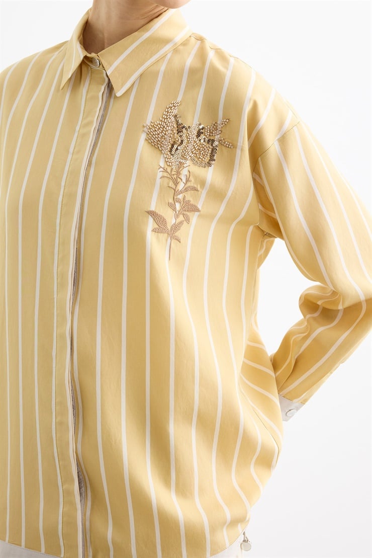 Cep Üstünde Boncuklu Nakış detaylı Çizgili Gömlek SARI