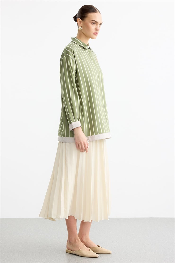 Cep Üstünde Boncuklu Nakış detaylı Çizgili Gömlek YEŞİL