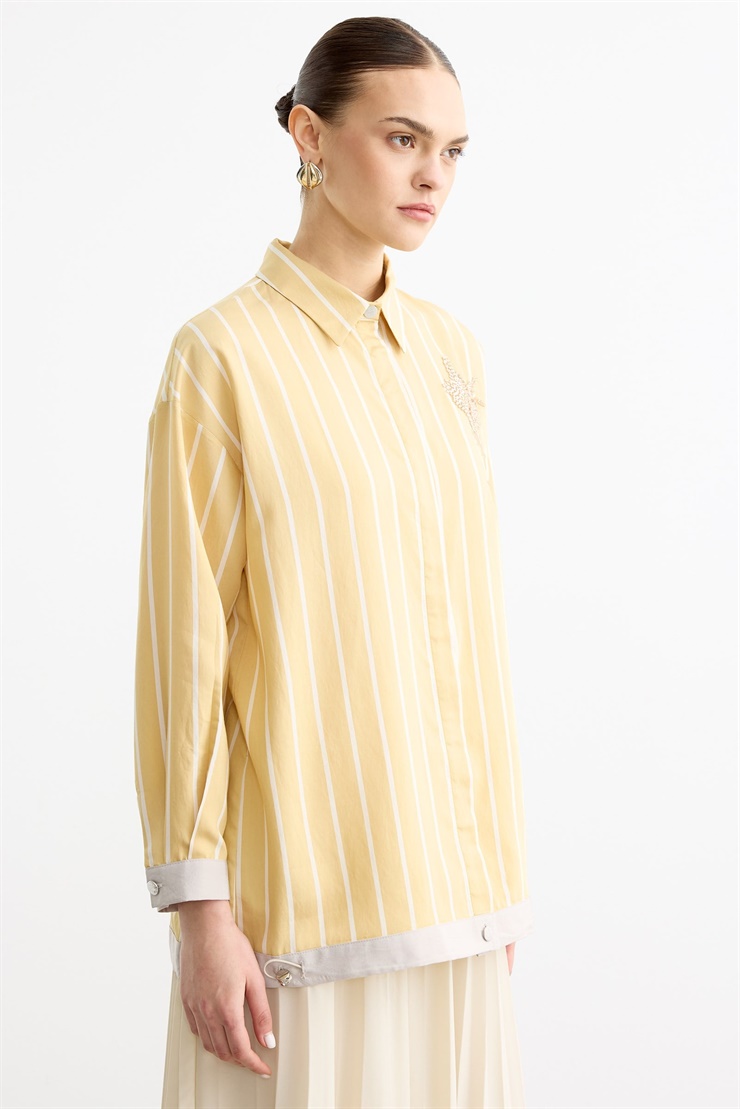 Cep Üstünde Boncuklu Nakış detaylı Çizgili Gömlek SARI