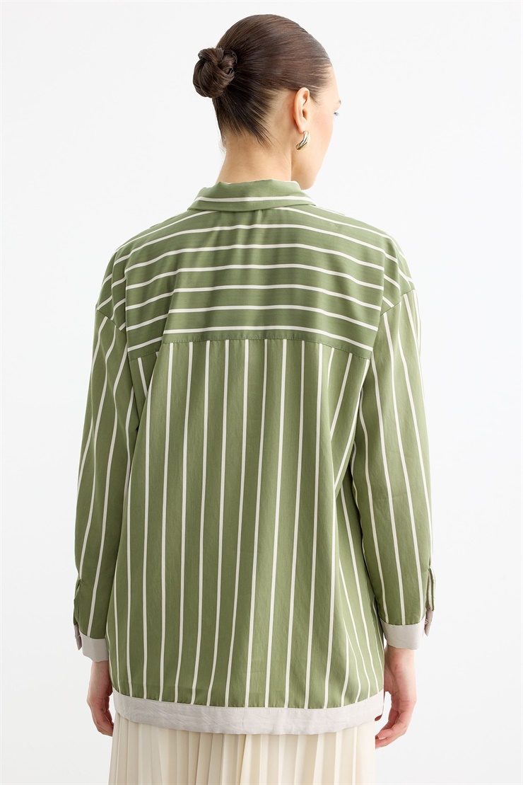 Cep Üstünde Boncuklu Nakış detaylı Çizgili Gömlek YEŞİL
