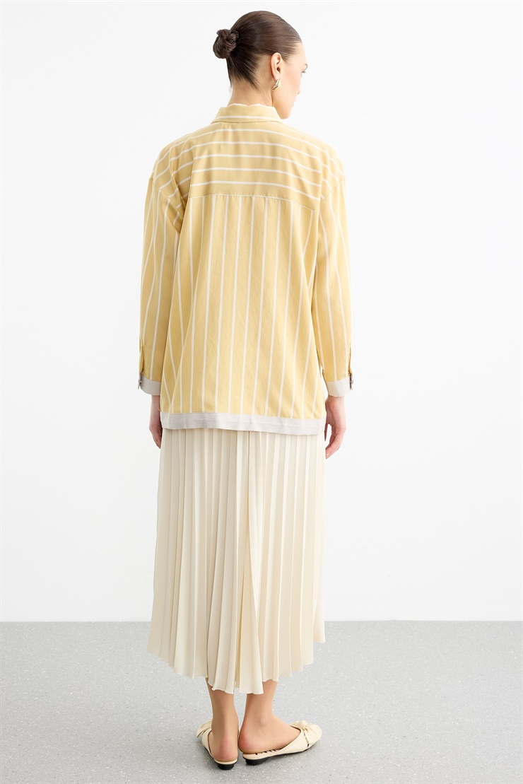 Cep Üstünde Boncuklu Nakış detaylı Çizgili Gömlek SARI