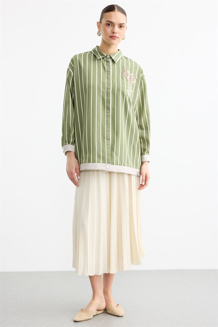 Cep Üstünde Boncuklu Nakış detaylı Çizgili Gömlek YEŞİL
