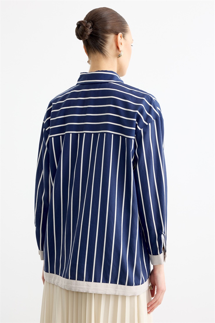 Cep Üstünde Boncuklu Nakış detaylı Çizgili Gömlek LACİVERT