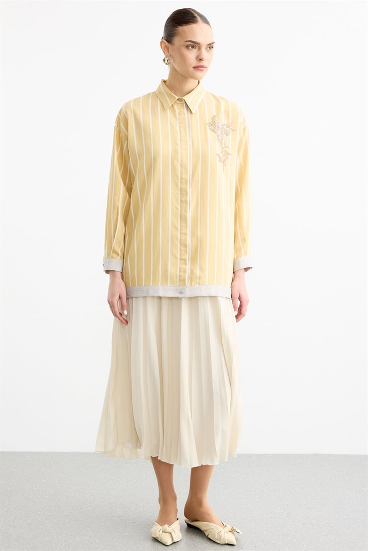 Cep Üstünde Boncuklu Nakış detaylı Çizgili Gömlek SARI