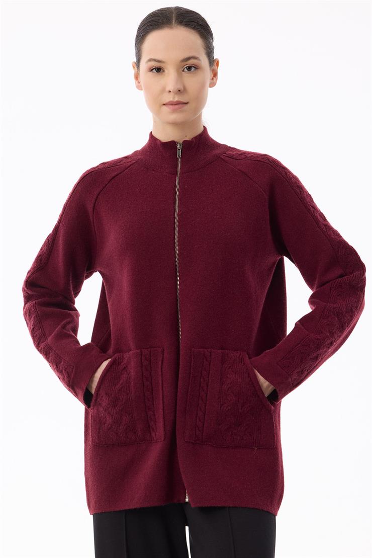 Cepleri Saç Örgülü Fermuarlı Hırka BORDO