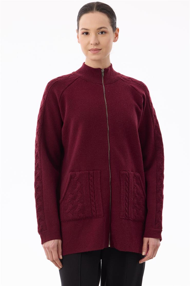 Cepleri Saç Örgülü Fermuarlı Hırka BORDO