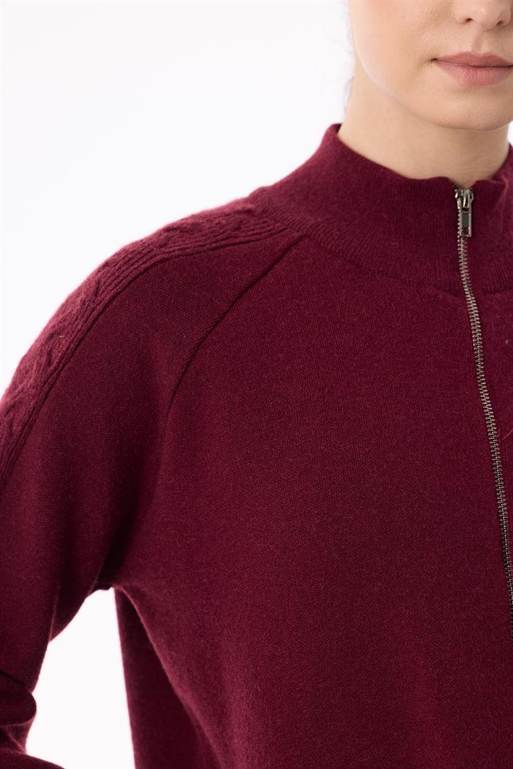 Cepleri Saç Örgülü Fermuarlı Hırka BORDO