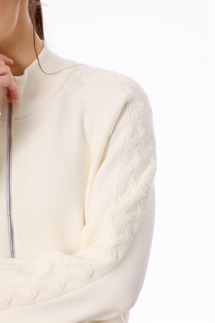 Cepleri Saç Örgülü Fermuarlı Hırka EKRU