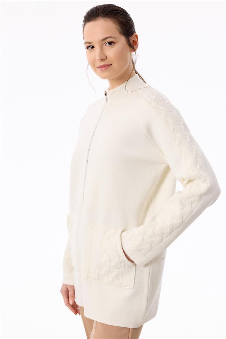 Cepleri Saç Örgülü Fermuarlı Hırka EKRU