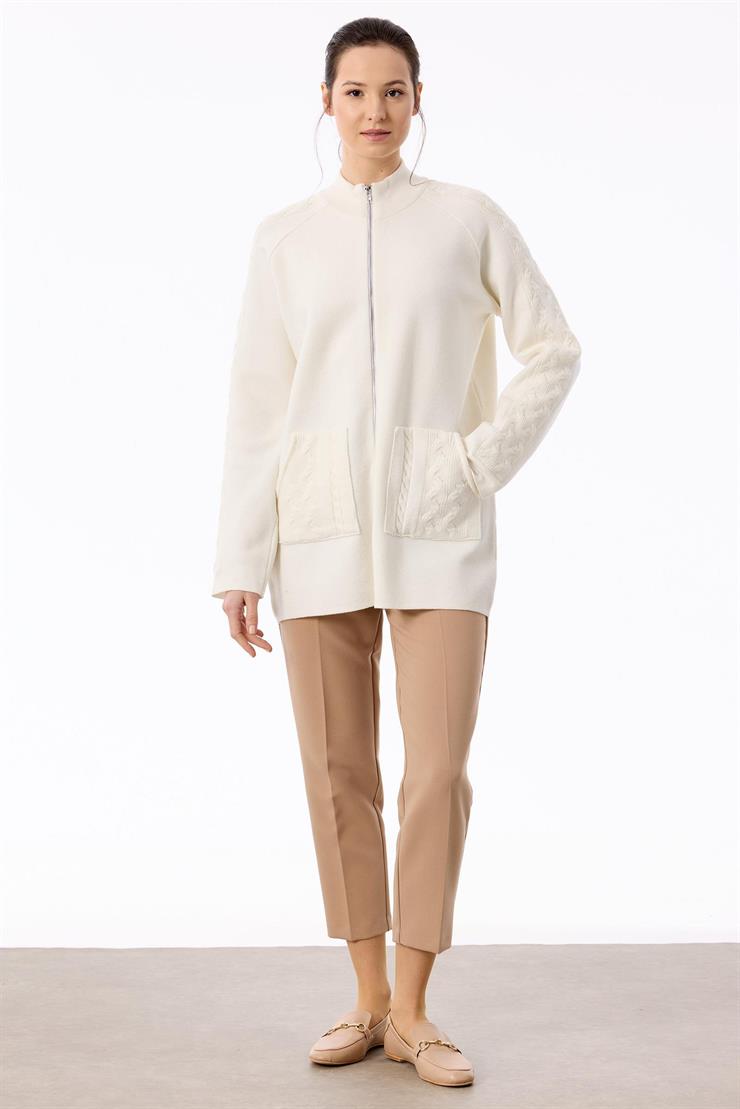 Cepleri Saç Örgülü Fermuarlı Hırka EKRU