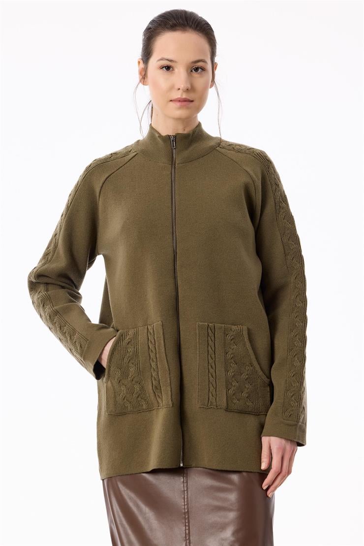 Cepleri Saç Örgülü Fermuarlı Hırka HAKİ