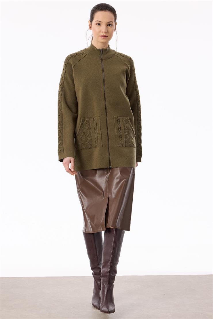 Cepleri Saç Örgülü Fermuarlı Hırka HAKİ