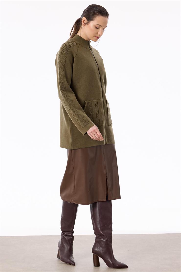 Cepleri Saç Örgülü Fermuarlı Hırka HAKİ