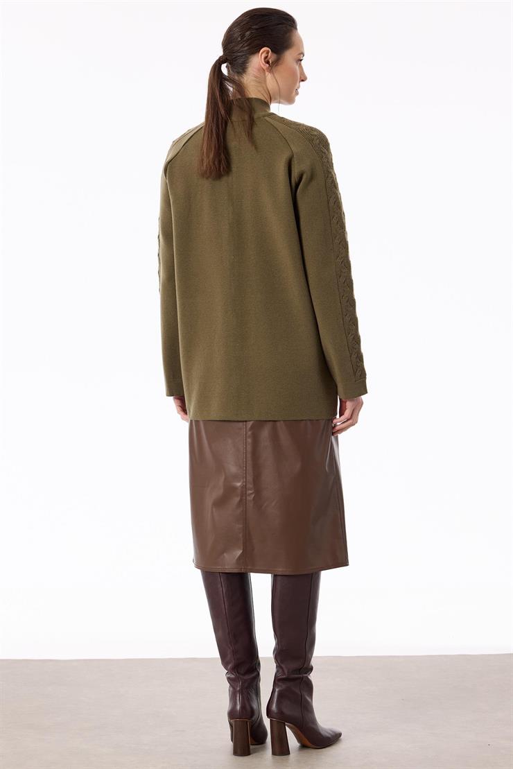 Cepleri Saç Örgülü Fermuarlı Hırka HAKİ