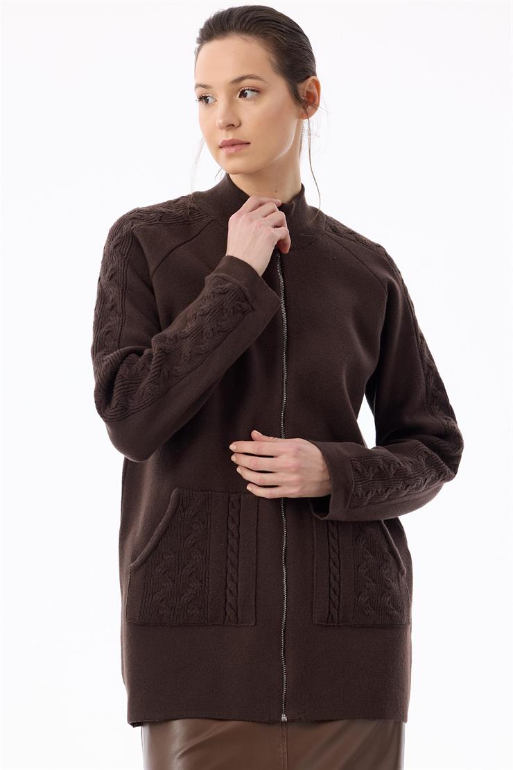 Cepleri Saç Örgülü Fermuarlı Hırka KAHVE