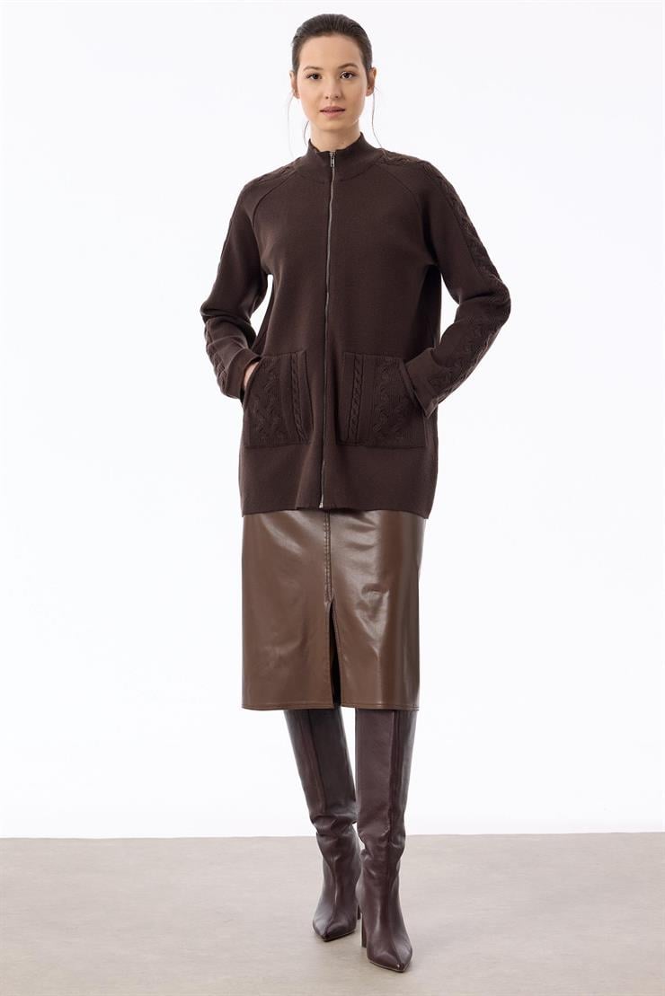 Cepleri Saç Örgülü Fermuarlı Hırka KAHVE