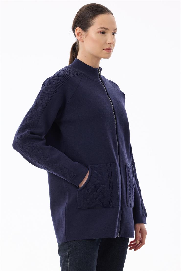 Cepleri Saç Örgülü Fermuarlı Hırka LACİVERT