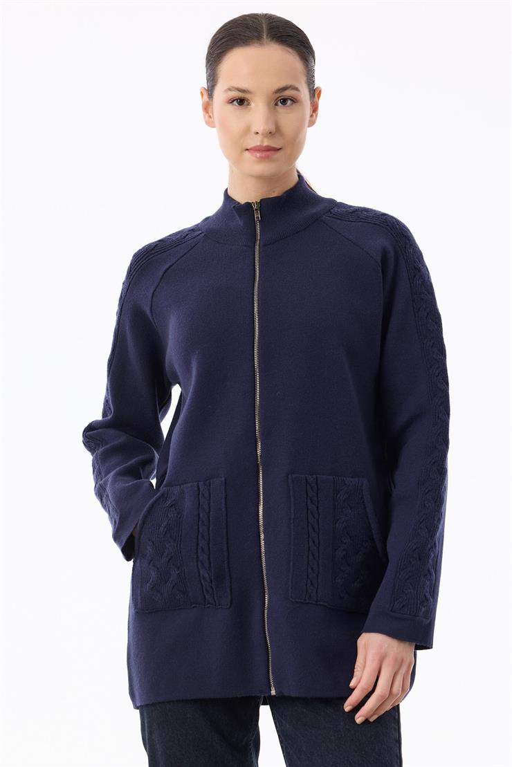 Cepleri Saç Örgülü Fermuarlı Hırka LACİVERT