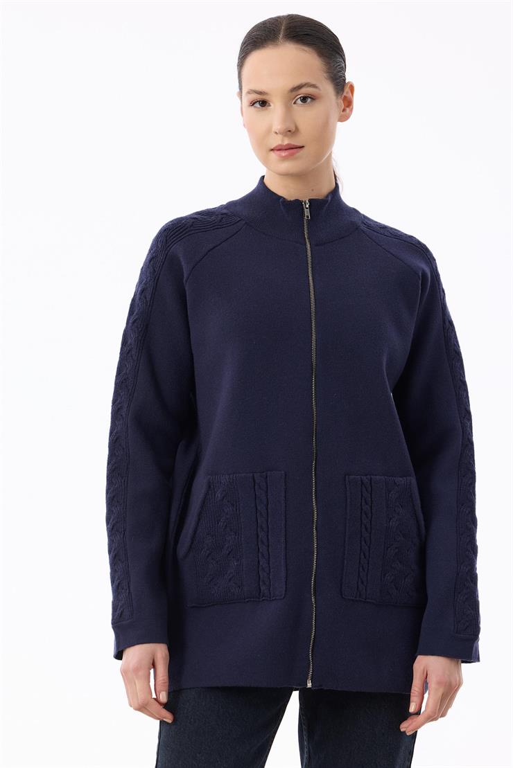 Cepleri Saç Örgülü Fermuarlı Hırka LACİVERT