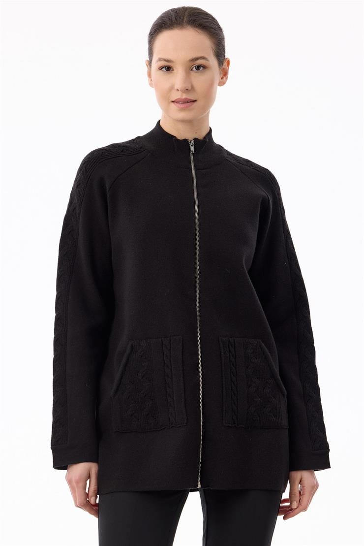 Cepleri Saç Örgülü Fermuarlı Hırka SİYAH