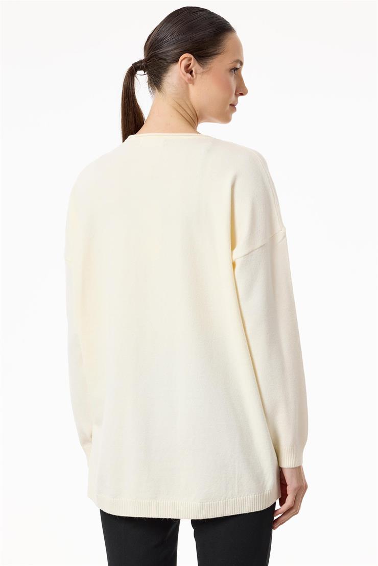 Cepleri Taşlı Kolye Detaylı Triko Tunik EKRU