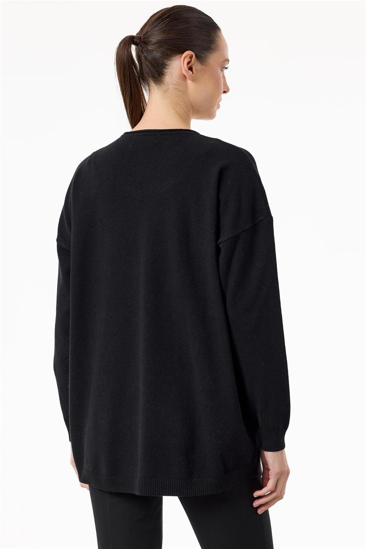 Cepleri Taşlı Kolye Detaylı Triko Tunik SİYAH