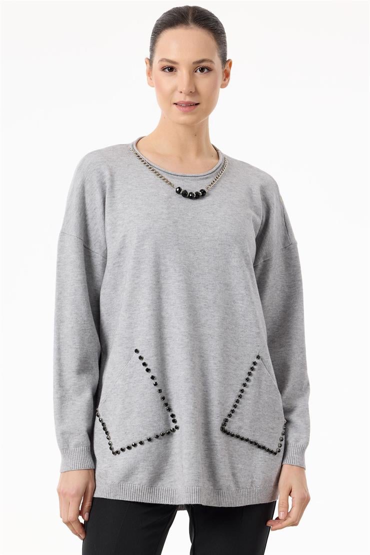 Cepleri Taşlı Kolye Detaylı Triko Tunik GRİ