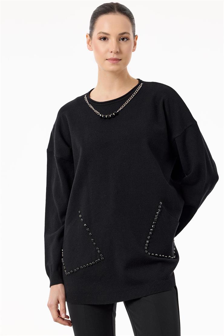 Cepleri Taşlı Kolye Detaylı Triko Tunik SİYAH