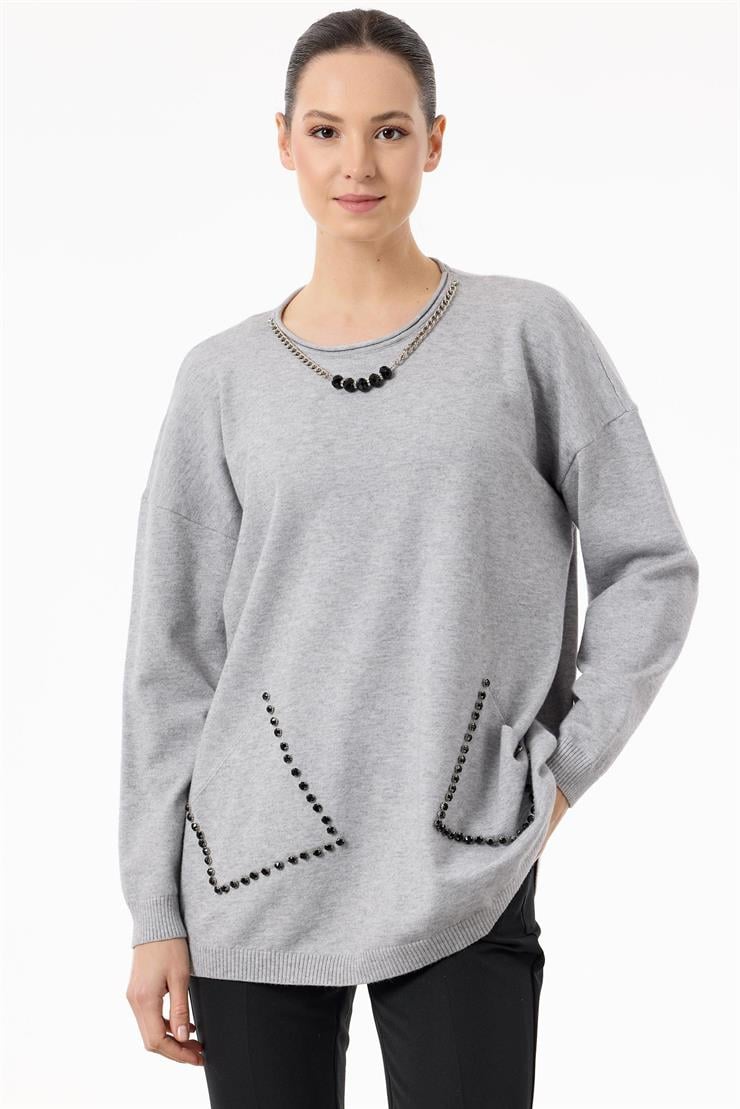 Cepleri Taşlı Kolye Detaylı Triko Tunik GRİ