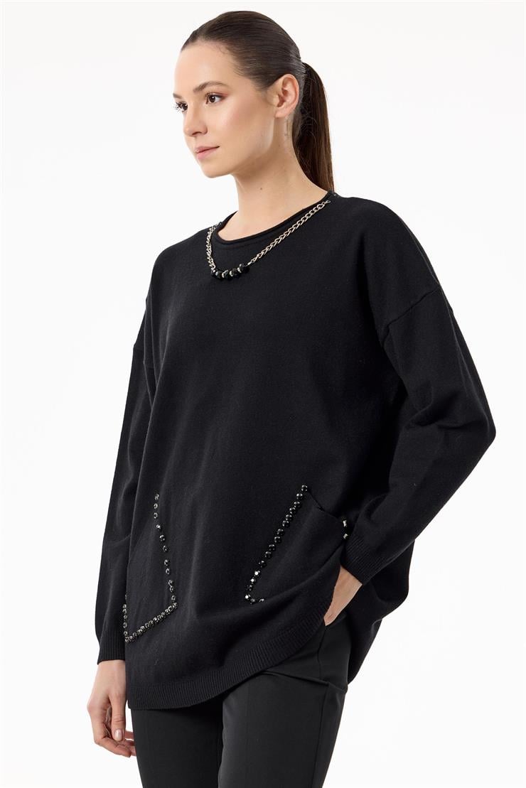 Cepleri Taşlı Kolye Detaylı Triko Tunik SİYAH