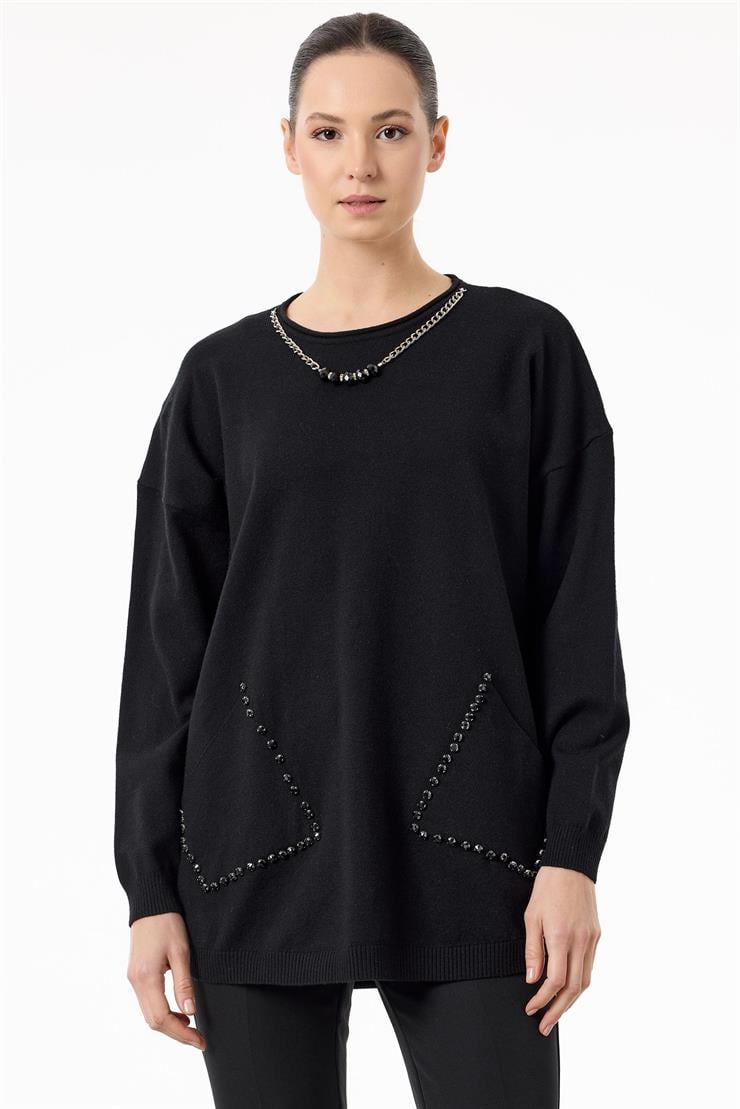 Cepleri Taşlı Kolye Detaylı Triko Tunik SİYAH