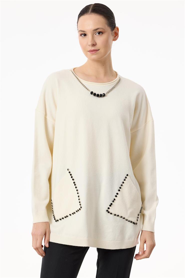 Cepleri Taşlı Kolye Detaylı Triko Tunik EKRU