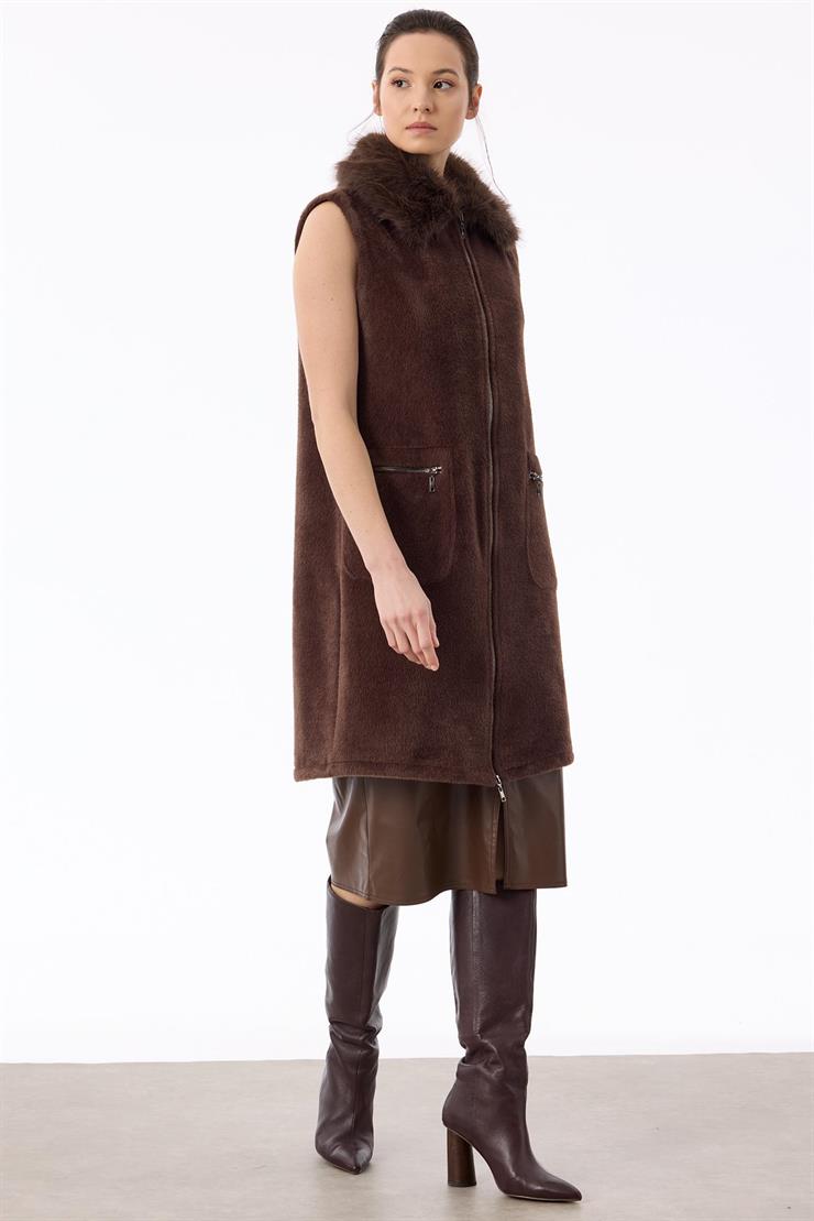 Cepleri Ve Önü Fermuarlı Yelek KAHVE