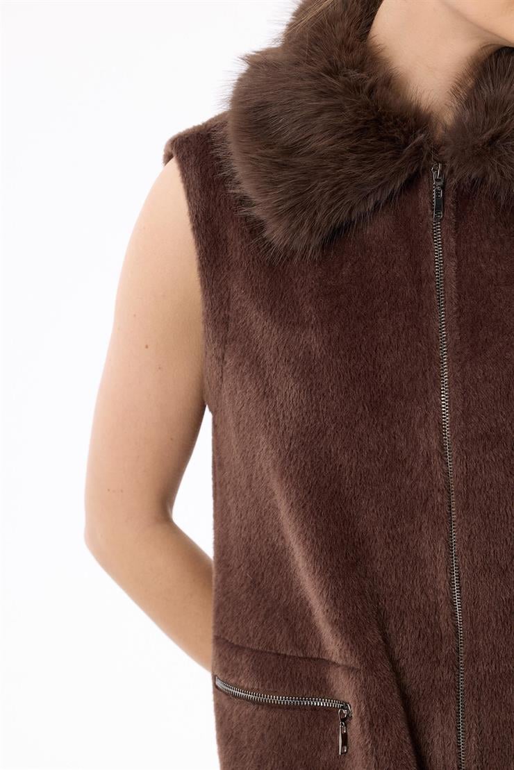 Cepleri Ve Önü Fermuarlı Yelek KAHVE