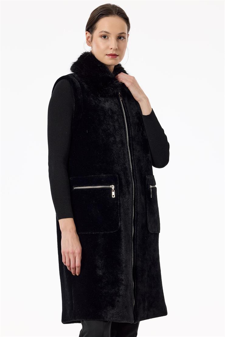 Cepleri Ve Önü Fermuarlı Yelek SİYAH