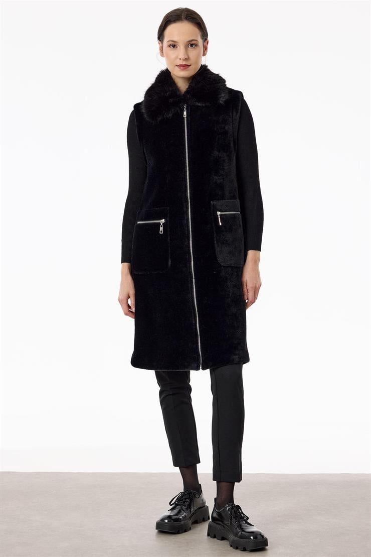 Cepleri Ve Önü Fermuarlı Yelek SİYAH