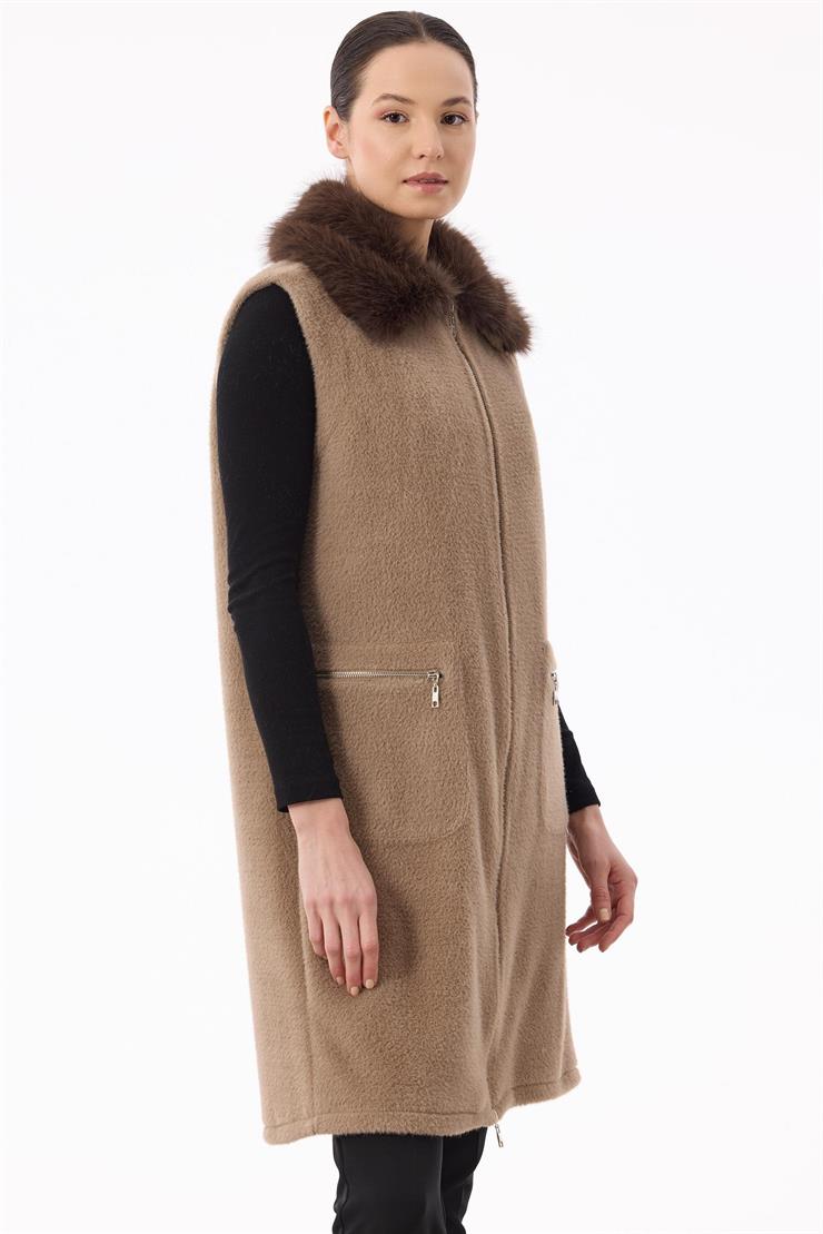 Cepleri Ve Önü Fermuarlı Yelek VİZON