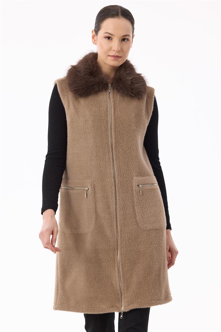 Cepleri Ve Önü Fermuarlı Yelek VİZON