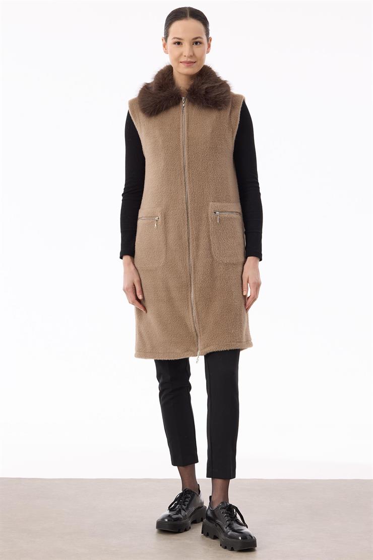 Cepleri Ve Önü Fermuarlı Yelek VİZON