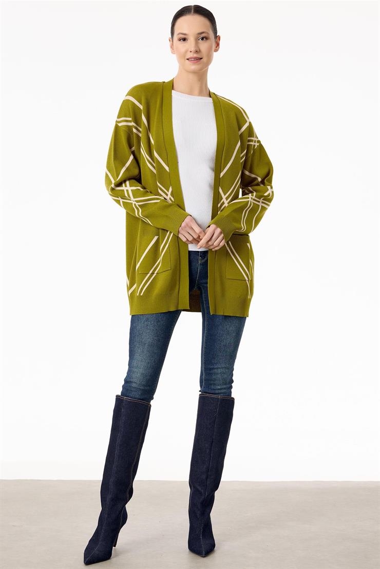 Cepli Verev Çizgili Rayon Hırka ASİT BEJ