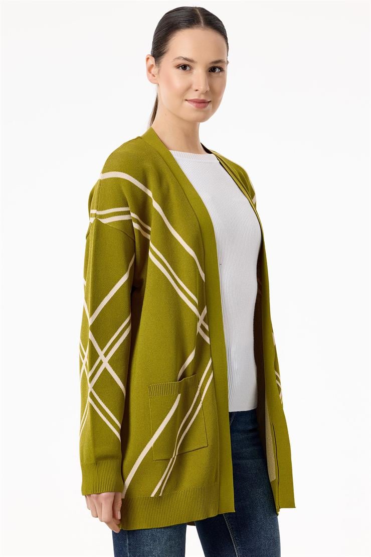 Cepli Verev Çizgili Rayon Hırka ASİT BEJ