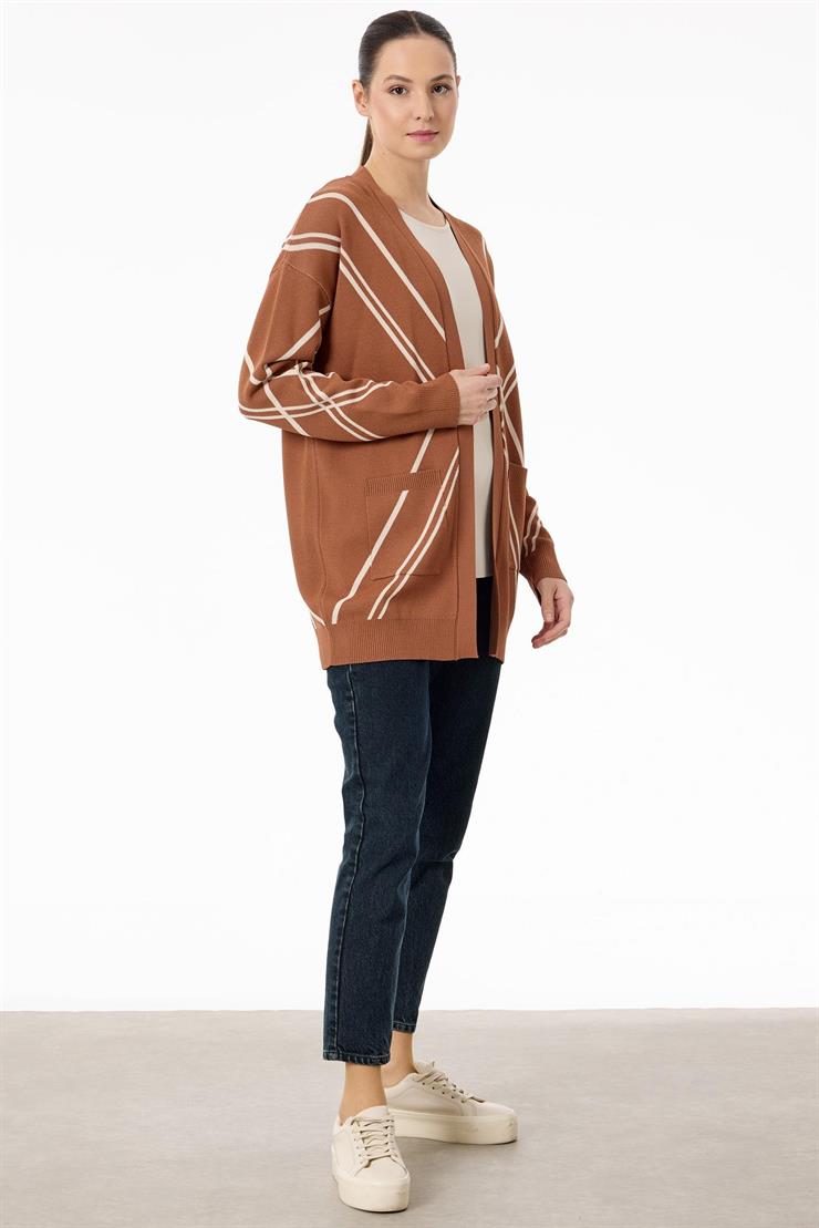 Cepli Verev Çizgili Rayon Hırka KAHVE BEJ
