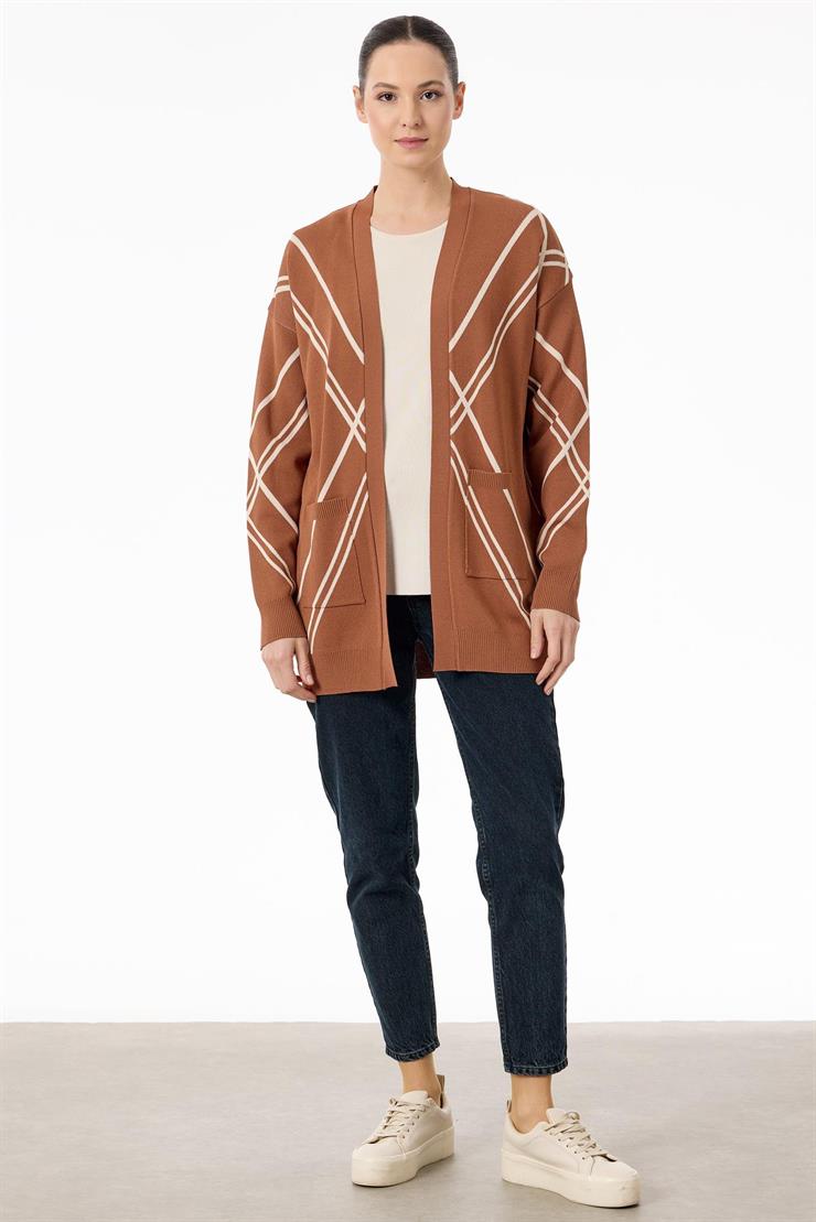 Cepli Verev Çizgili Rayon Hırka KAHVE BEJ