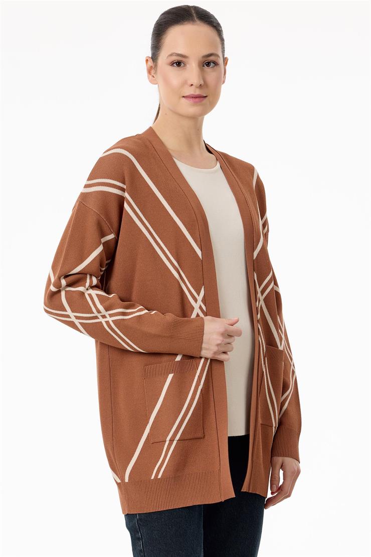 Cepli Verev Çizgili Rayon Hırka KAHVE BEJ