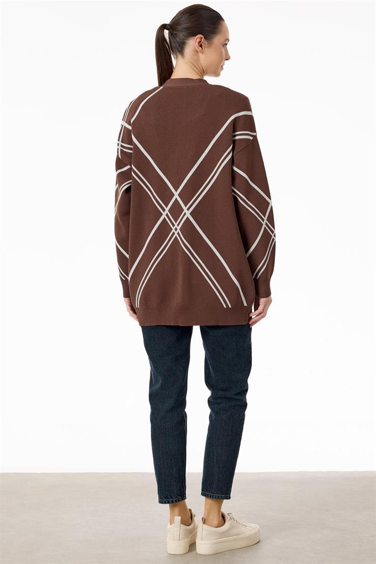 Cepli Verev Çizgili Rayon Hırka KAHVE EKRU